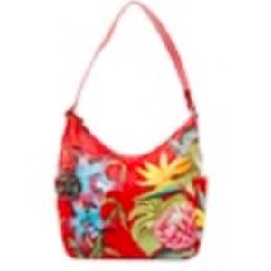 HOBO, LEATHER, ISLAND ESCAPE RED, HANDPAINTED FLORAL, TOP ZIPPER, SHOULDER STRAP
